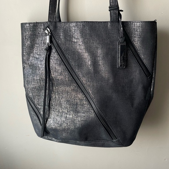 Joe's Jeans Black/Silver metallic Threads Fabric Tote Shoulder Bag purse - Picture 3 of 11